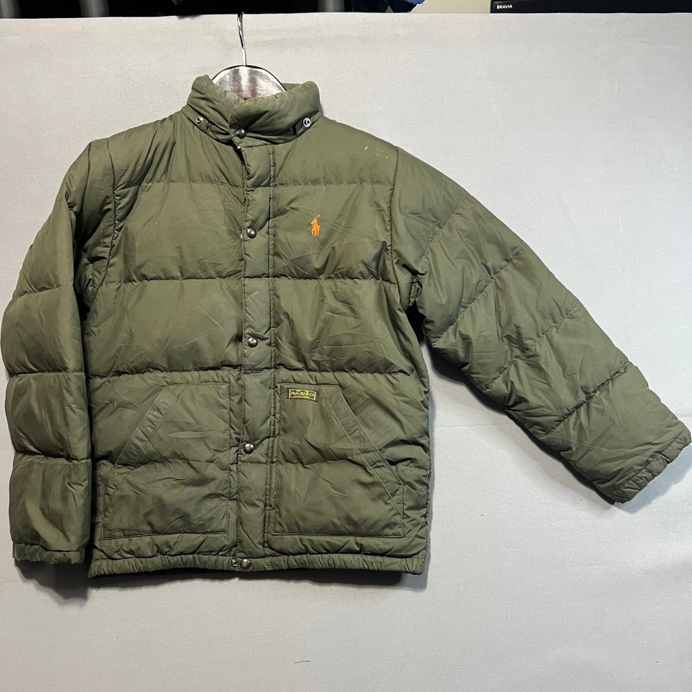 Polo Ralph Lauren Kids Olive Green Down Puffer Jacket Size L 14-16 Orange Pony